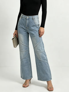 Helene | Weite High-Waist Jeans mit Ziernähten in Hellblau