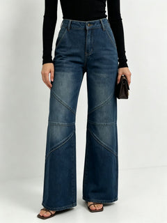 Helene | Weite High-Waist Jeans mit Ziernähten in Blau-Schwarz