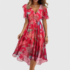 Helga | Florales V-Ausschnitt Midikleid in Rot