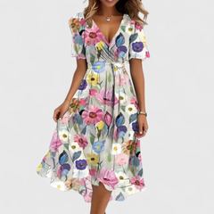 Helga | Florales V-Ausschnitt Midikleid in Weiß Floral