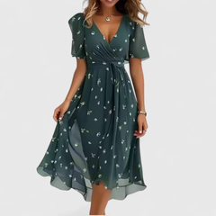 Helga | Florales V-Ausschnitt Midikleid in Grün