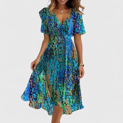Helga | Florales V-Ausschnitt Midikleid in Blau/Grün