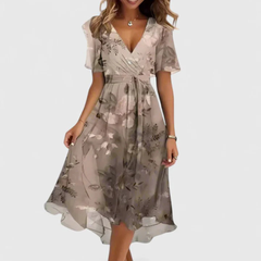 Helga | Florales V-Ausschnitt Midikleid in Hellbraun