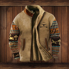 Alexander | Herren Fleece-Outdoorjacke mit Azteken-Muster Sherpa-Futter Reißverschluss in Braun 2