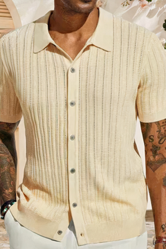 Herren gestricktes Urlaubshemd | Kurzarm in Beige