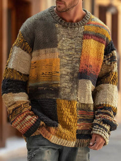Matthias | Herren Patchwork Knit Sweater Langarm Rundhals Grobstrick in Abstrakt