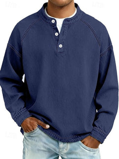Dominik | Herren Retro Henley Strick Langarm im Used-Look in Königsblau