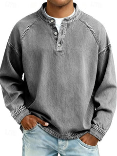 Dominik | Herren Retro Henley Strick Langarm im Used-Look in Grau
