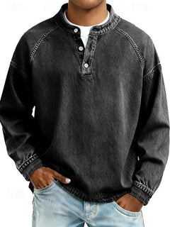 Dominik | Herren Retro Henley Strick Langarm im Used-Look in Schwarz