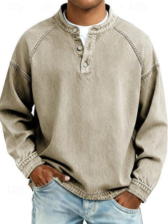 Dominik | Herren Retro Henley Strick Langarm im Used-Look in Khaki