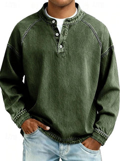 Dominik | Herren Retro Henley Strick Langarm im Used-Look in Dunkelgrün