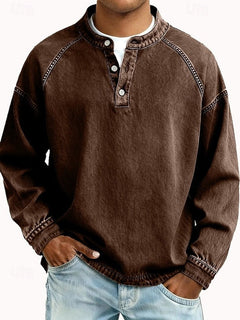 Dominik | Herren Retro Henley Strick Langarm im Used-Look in Braun