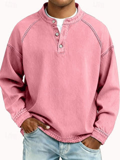 Dominik | Herren Retro Henley Strick Langarm im Used-Look in Pink