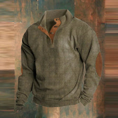 Maximilian | Herren Retro Rippstrick Pullover mit Knopfkragen in Grün