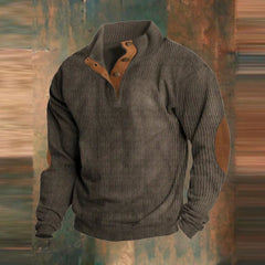 Maximilian | Herren Retro Rippstrick Pullover mit Knopfkragen und Ellbogenpatches in Braun