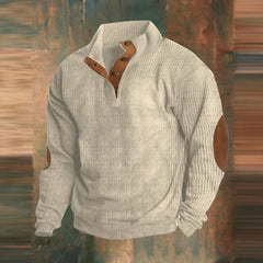 Maximilian | Herren Retro Rippstrick Pullover mit Knopfkragen und Ellbogenpatches in Beige