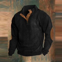 Maximilian | Herren Retro Rippstrick Pullover mit Knopfkragen und Ellbogenpatches in Schwarz