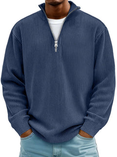 Simon | Herren Rippstrick Quarter-Zip Pullover mit Stehkragen in Marineblau