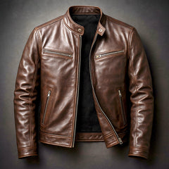 Maximilian | Herren Vintage Biker Quilted Jacket Echtleder Reißverschluss in Zigarrenbraun