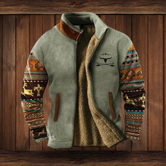 Niklas | Herren Western-Cardigan Fleece gefüttert mit Azteken-Aufdruck in Grau mit Aufdruck