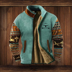 Niklas | Herren Western-Cardigan Fleece gefüttert mit Azteken-Aufdruck in Blau mit Aufdruck