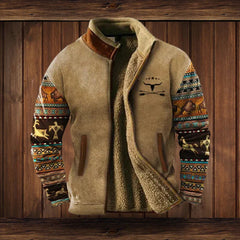 Niklas | Herren Western-Cardigan Fleece gefüttert mit Azteken-Aufdruck in Braun mit Aufdruck