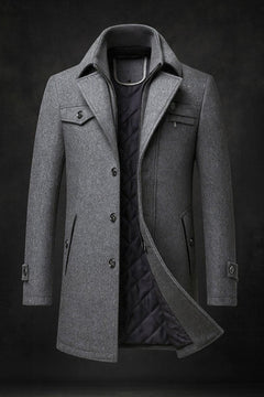 Dominik | Herren Wool Coat gefütterter Wollmantel mit Doppelkragen in Grau