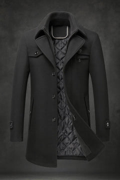 Dominik | Herren Wool Coat gefütterter Wollmantel mit Doppelkragen in Schwarz