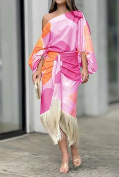 Valira - One-Shoulder-Midikleid mit Fransen in Rosa coral