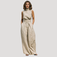 Ilaria | Damen Zweiteiler Rollkragen Oberteil Weite Hose Set in Khaki
