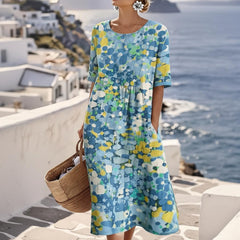 Ilonka | Bedrucktes A-Linien Midikleid in Blau