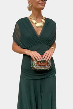 Florayne™ - Elegantes Fließendes Midikleid mit V-Ausschnitt in Dunkelgrün