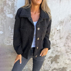 Carina | Damen Herbst Knöpfen Teddyjacke in Schwarz