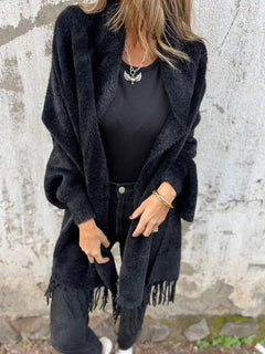 Nele | Damen Lange Offene Front Strickjacke in Schwarz
