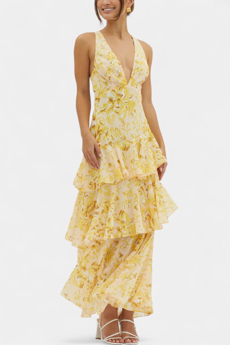 Domenica V-Ausschnitt Chiffonkleid mit eleganten, fließenden Lagen