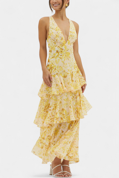 Domenica V-Ausschnitt Chiffonkleid mit eleganten, fließenden Lagen