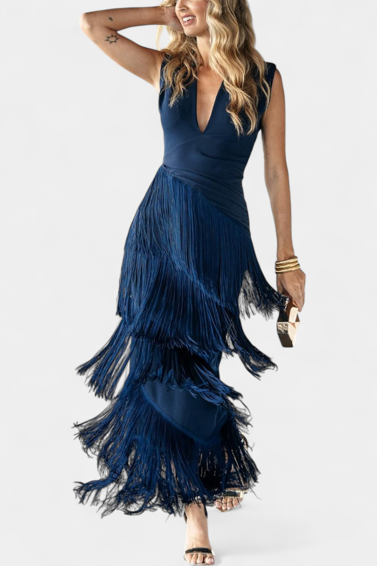 Dolcezza Elegantes Maxikleid mit V-Ausschnitt, Falten und Fransen-Details