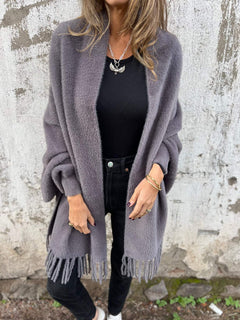 Nele | Damen Lange Offene Front Strickjacke in Grau