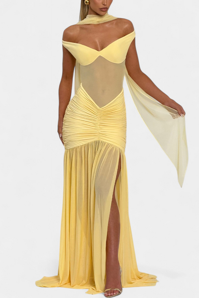 Therese Lange Milchseidenkleid mit tiefem V-Ausschnitt und eleganter Raffung