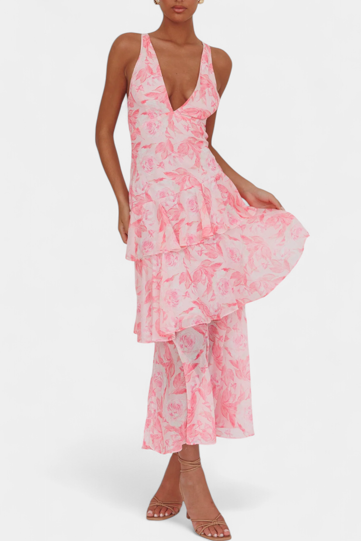 Domenica V-Ausschnitt Chiffonkleid mit eleganten, fließenden Lagen