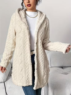 Elegant Hooded Jacquard Plush Cardigan in Beige