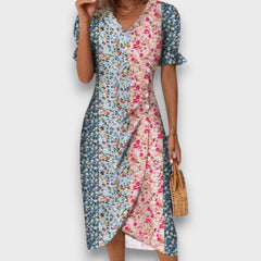 Heliane – Blumiges Midikleid in Rosa-Blau