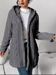 Elegant Hooded Jacquard Plush Cardigan in Gray