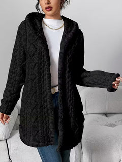 Elegant Hooded Jacquard Plush Cardigan in Black
