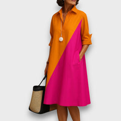 Solène – Hemdblusenkleid in Colorblock-Design in Orange/Rosa