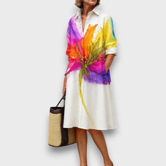 Aveline – Hemdblusenkleid mit Aquarellblüte in Weiß