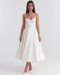 Ingrid | Damen Elegantes A-Linien Midi Kleid in Weiß