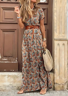 Isabella | Boho Maxikleid mit Paisley und Gürtel in Braun