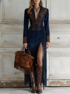 Damen Boho Wildleder-Optik Maxikleid mit Fransen in Marineblau