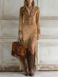 Damen Boho Wildleder-Optik Maxikleid mit Fransen in Hellbraun
